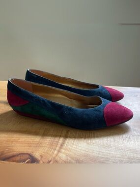 Vintage 90s Proxy Suede Color Block Flats Navy Blue Green Burgundy Size 8.5